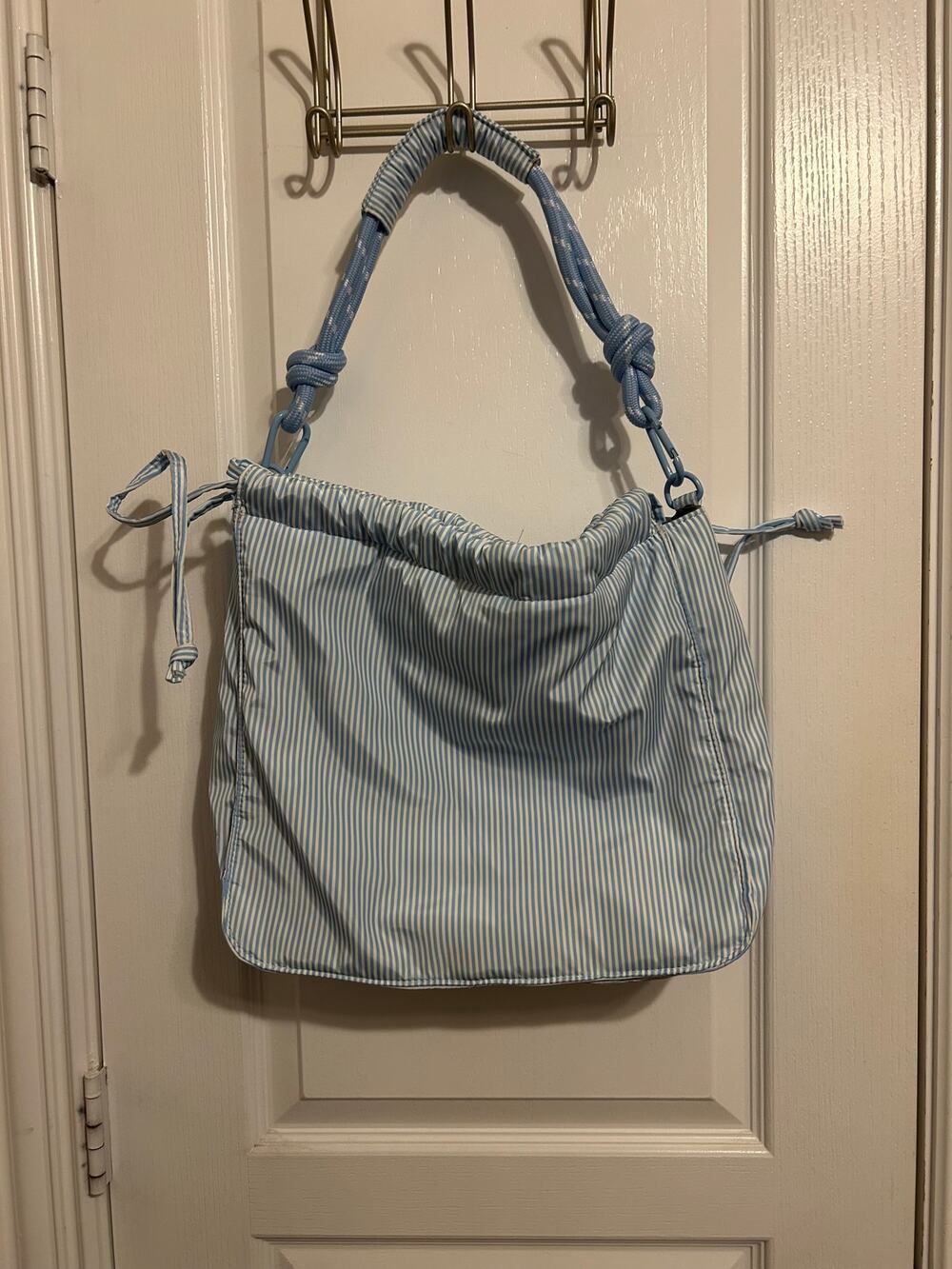 Blue White Striped Drawstring Hobo Shoulder Bag Purse NWOT